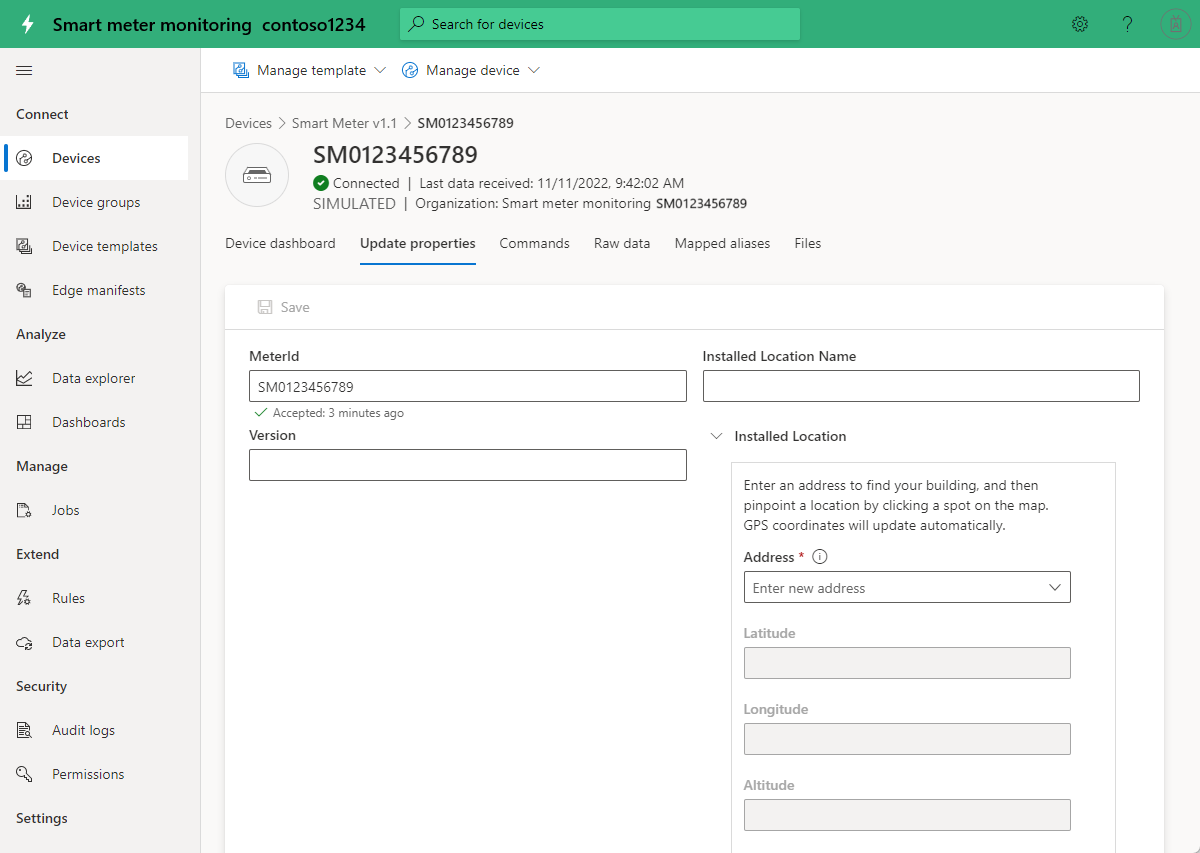 Screenshot that shows the properties of a smart-meter device.