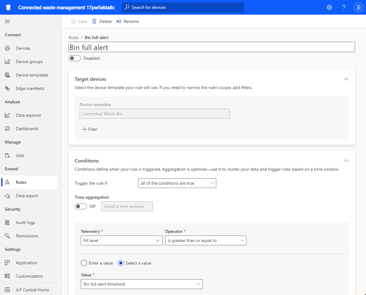 Screenshot of the connected waste management application bin full rule.