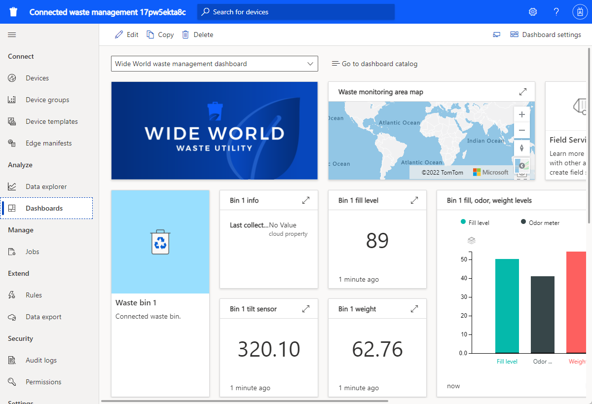 Screenshot of the connected waste management application dashboard.