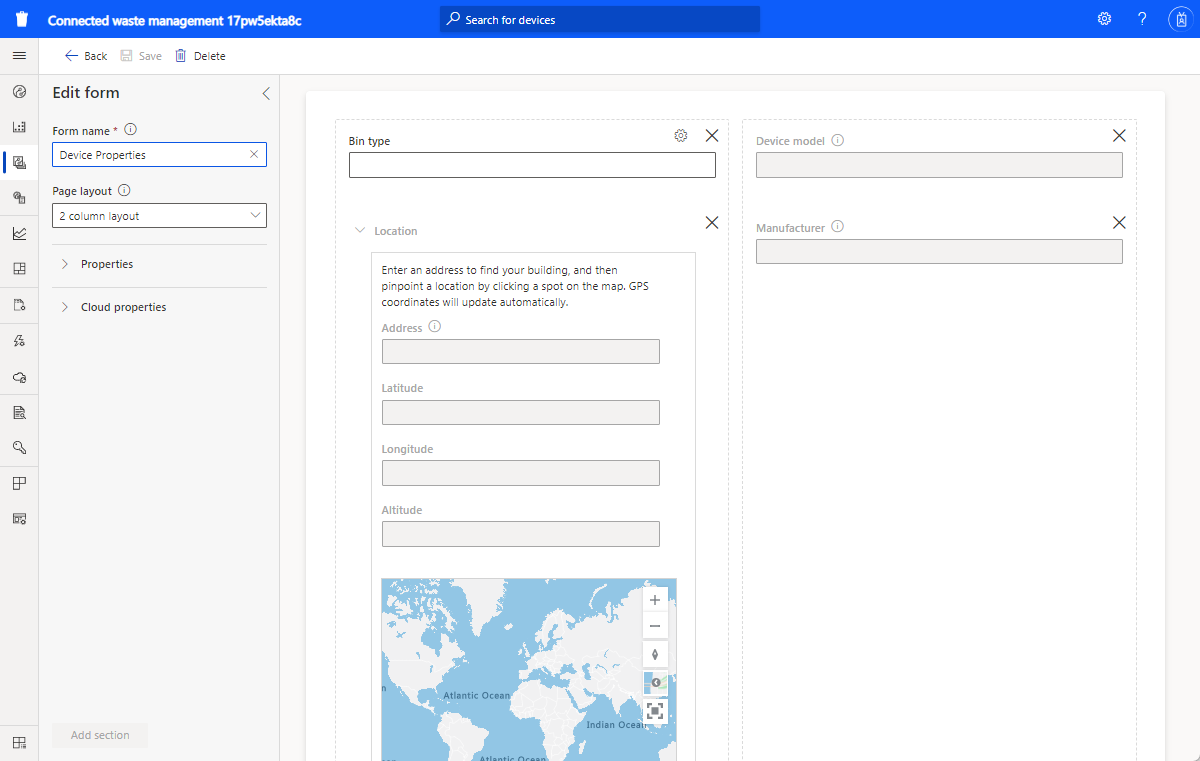Screenshot of the connected waste management application device template views.