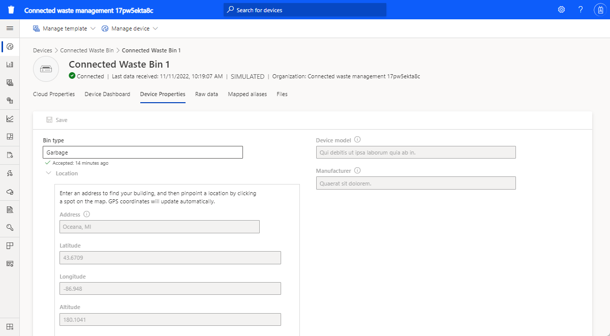 Screenshot of the connected waste management application devices page.