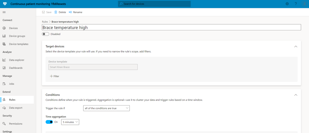 Screenshot showing the brace temperature high monitoring rule.