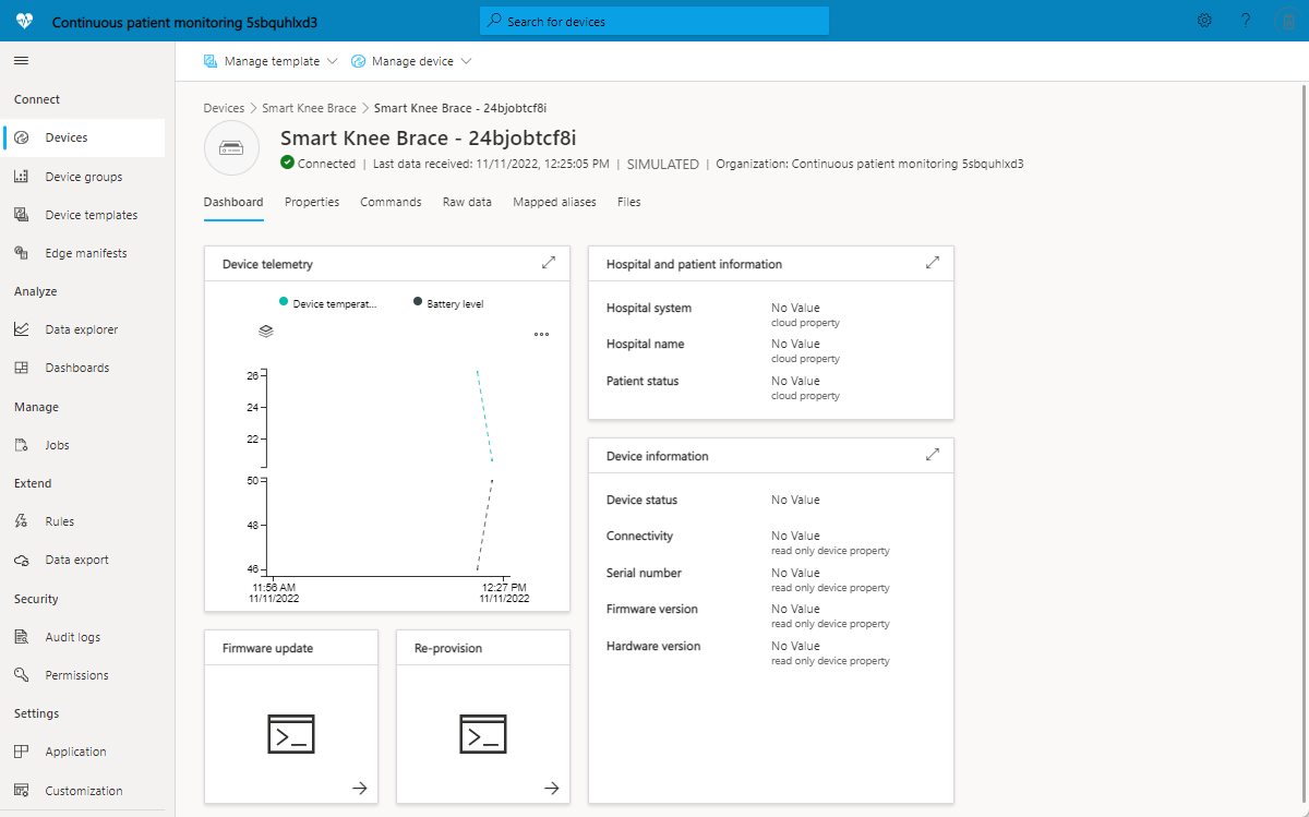 Screenshot showing the smart knee brace device dashboard.