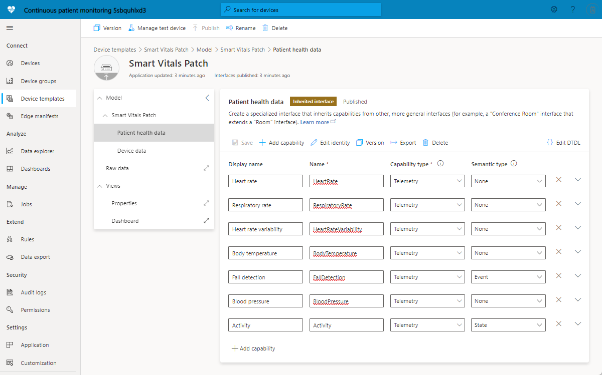Screenshot showing the smart vitals patch device template.