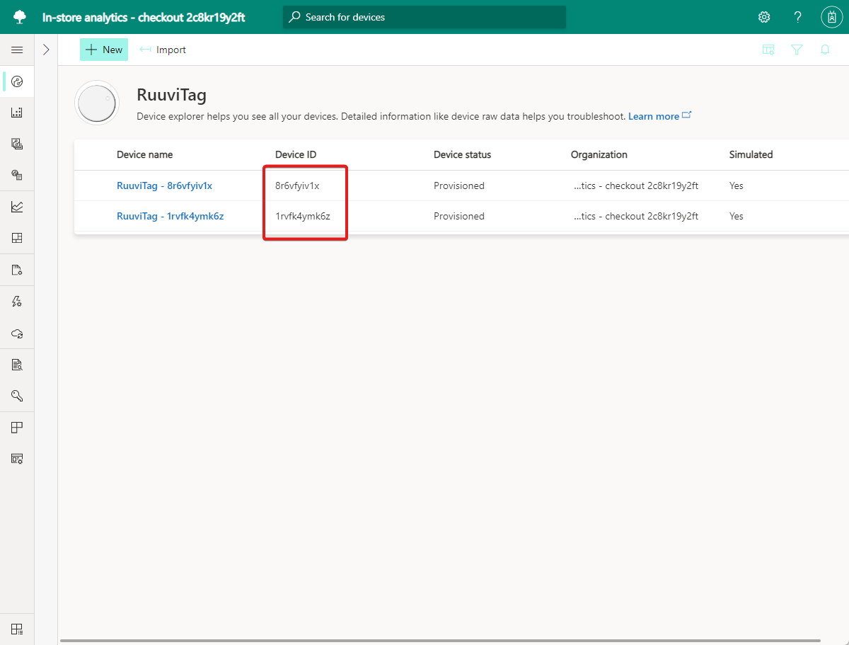Screenshot that shows the device IDs in the device list in an IoT Central application.