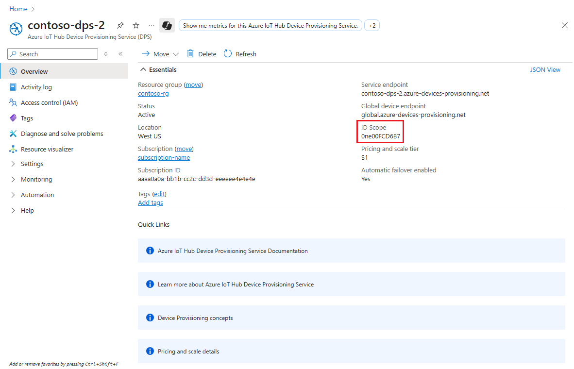 Screenshot of the ID scope on Azure portal.