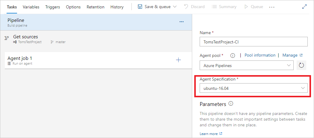 Configure build agent specification.