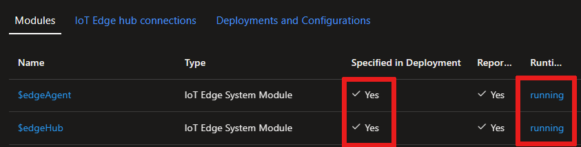 Screenshot of IoT Edge modules deployed and running confirmation in the Azure portal.