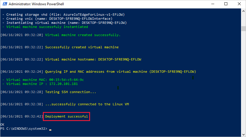 Screenshot that show that a successful deployment will say Deployment successful at the end of the messages in the console.