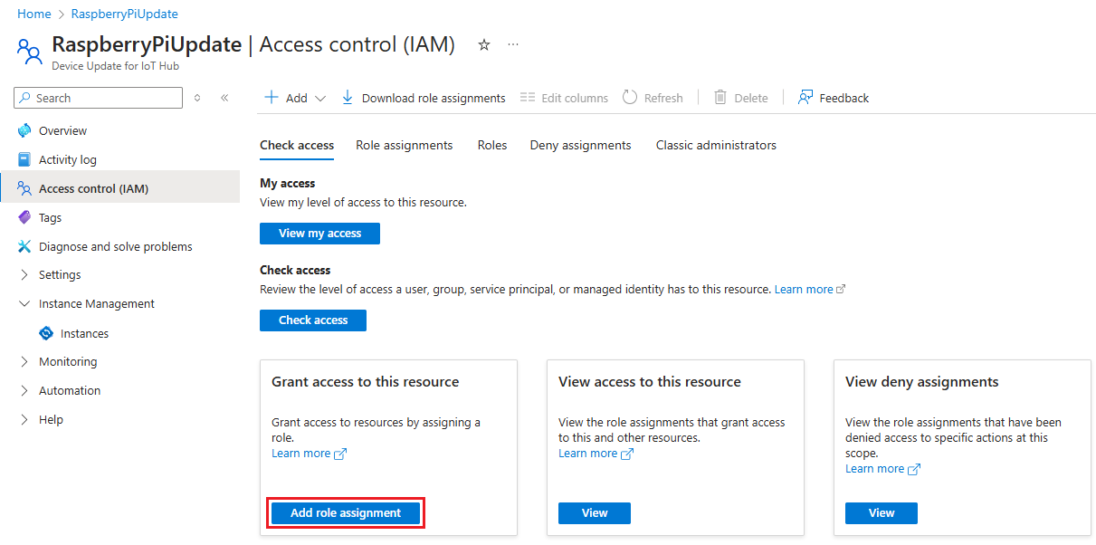 Screenshot of access Control within Device Update account.
