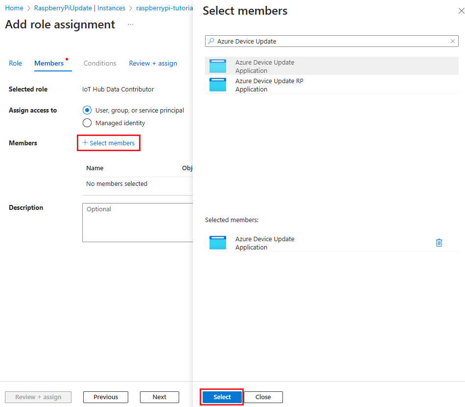 Screenshot of access Control member selection for IoT Hub.