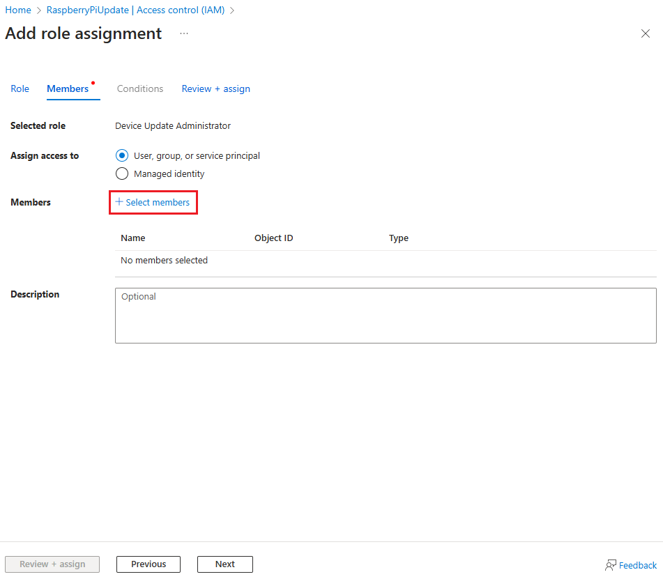 Screenshot of access Control member selection within Device Update account.
