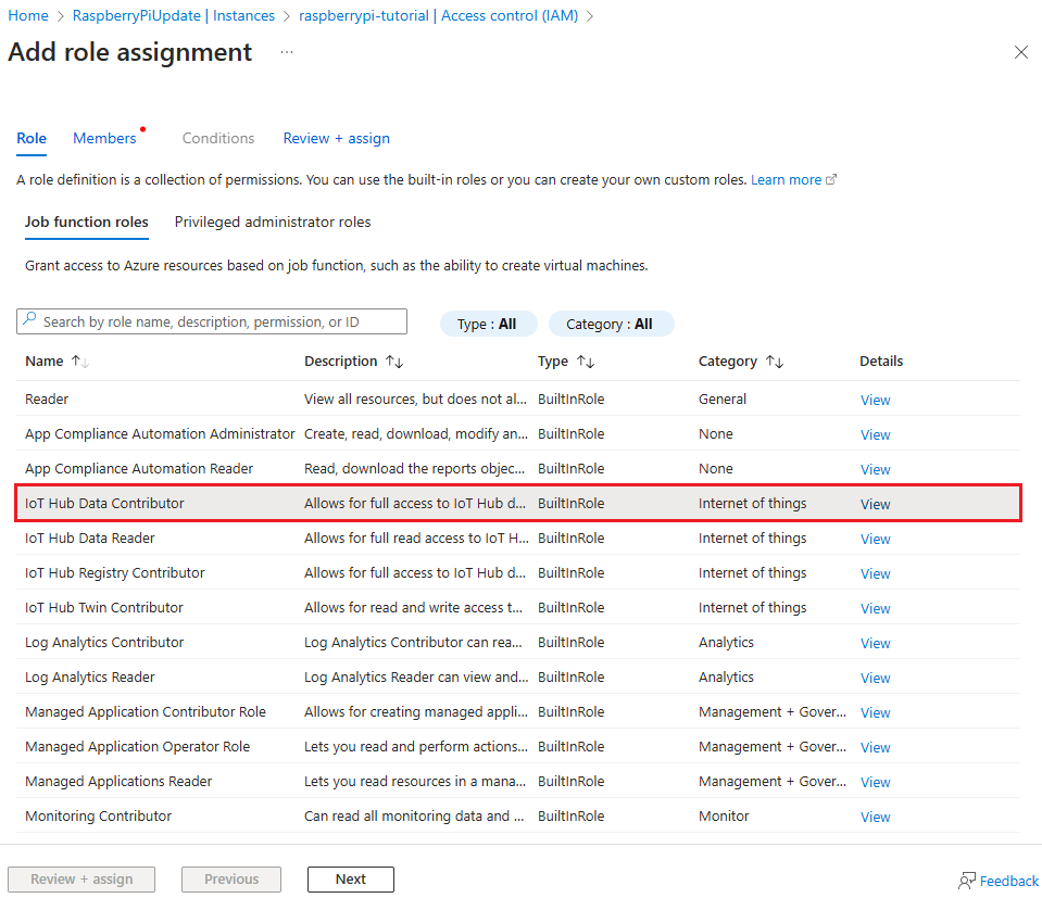Screenshot of access control role assignment within IoT Hub.