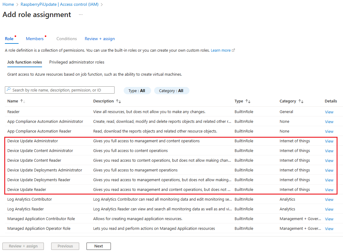 Screenshot of access Control role assignments within Device Update account.