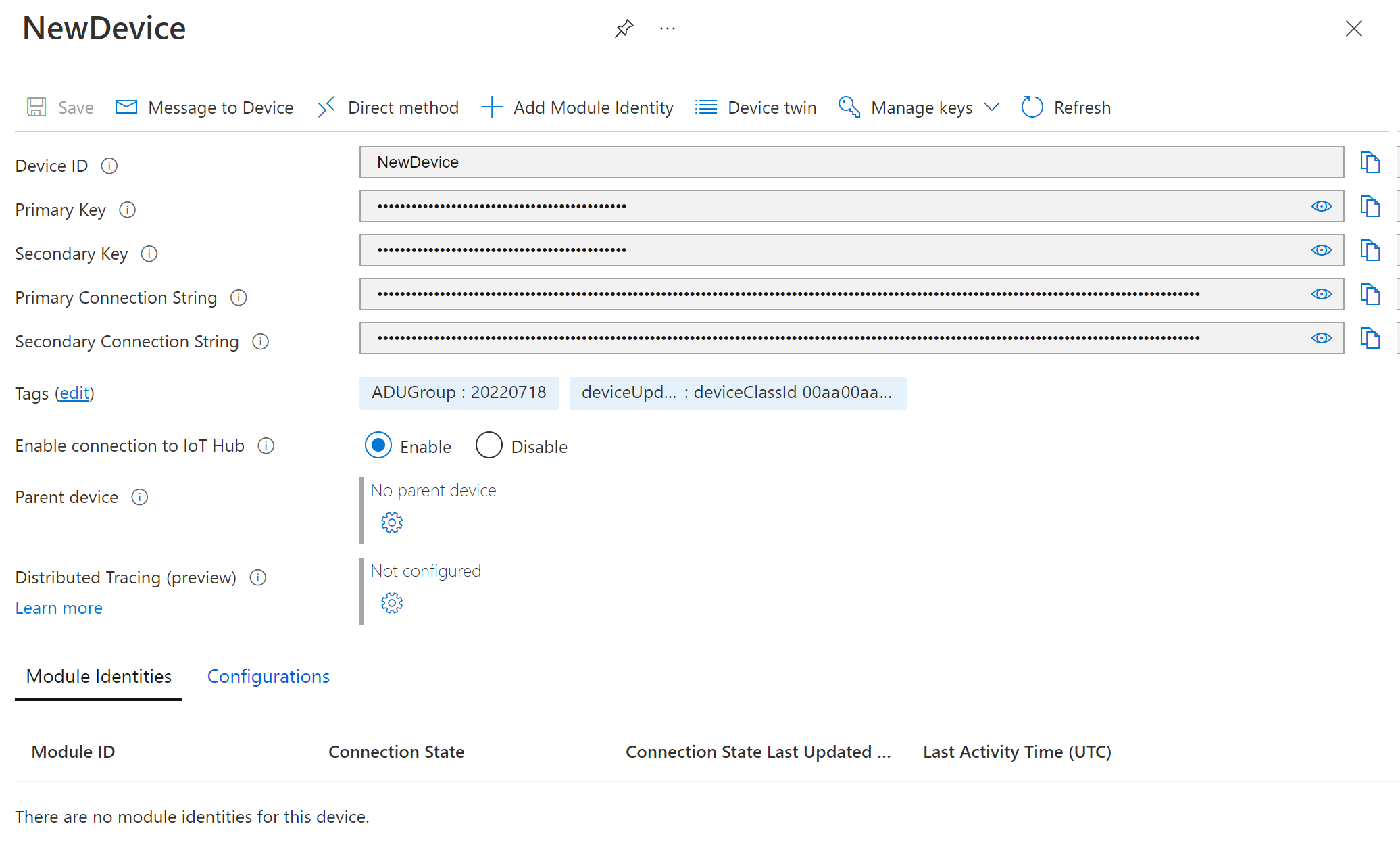 Screenshot of device details view in IoT hub.