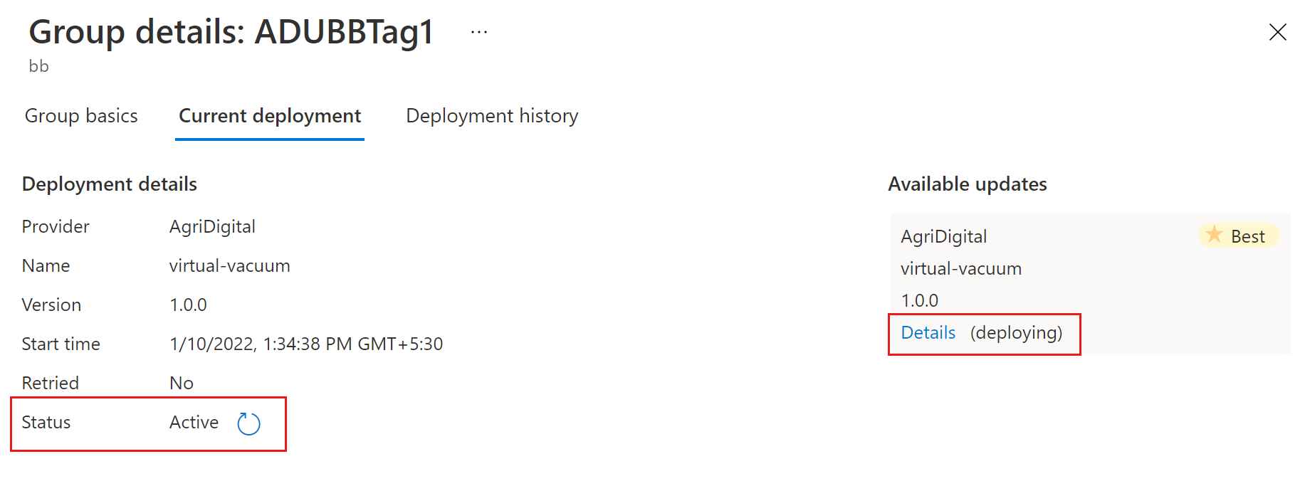 Screenshot that shows the deployment as Active.