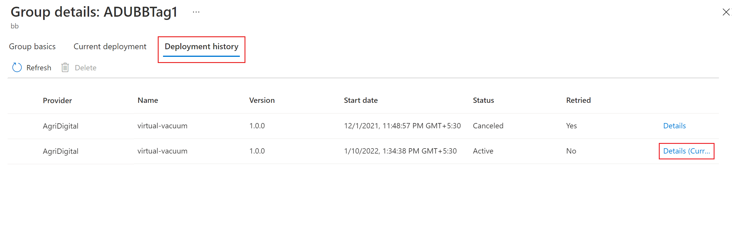 Screenshot that shows Deployment history.