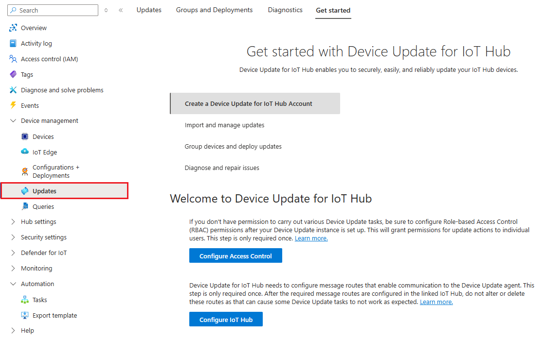 Screenshot that shows the Get started with the Device Update for IoT Hub page.