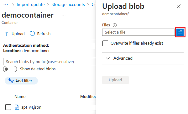 Screenshot that shows selecting files to upload.