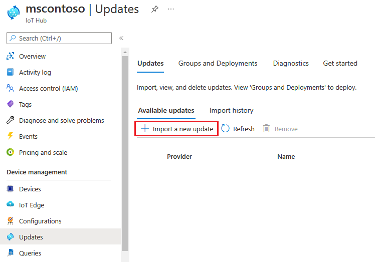 Screenshot that shows Import a new update.