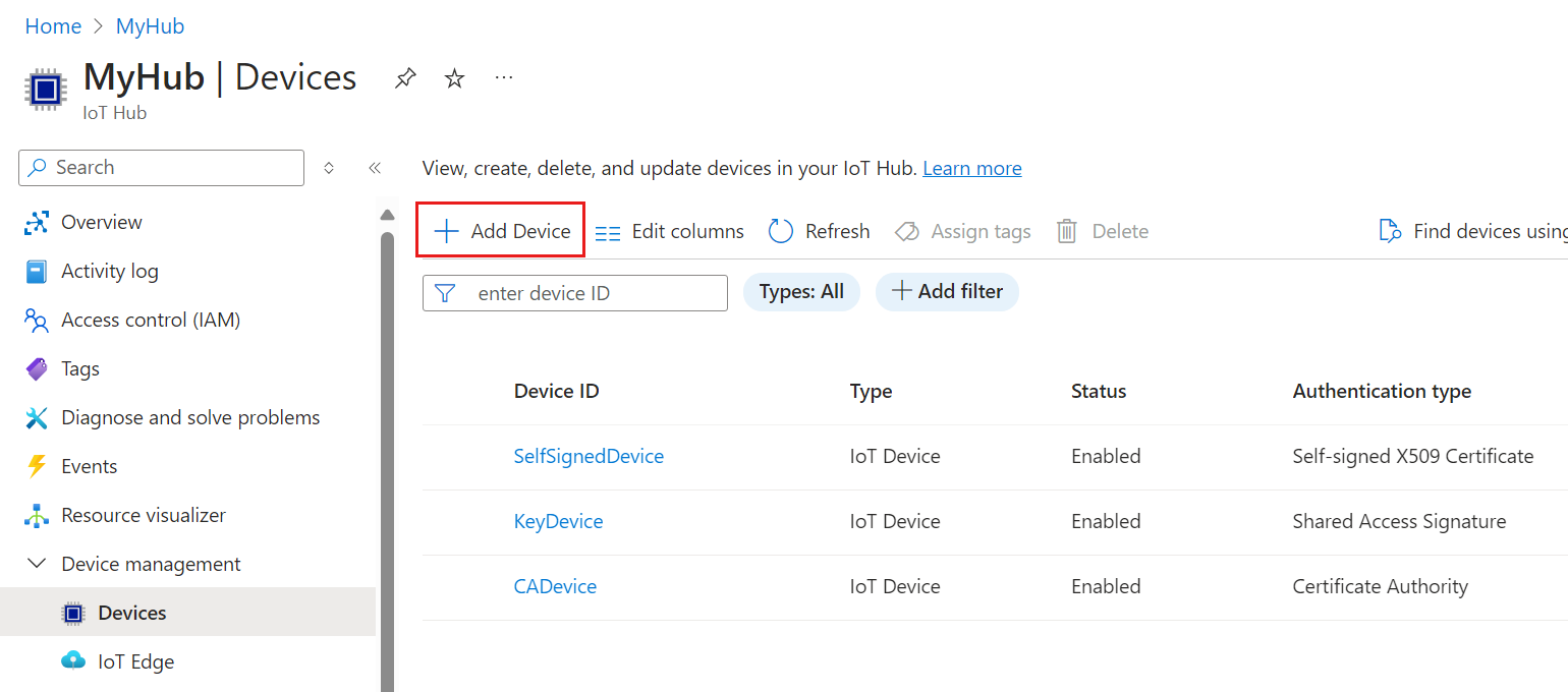 Screenshot that shows adding a new device in the Azure portal.