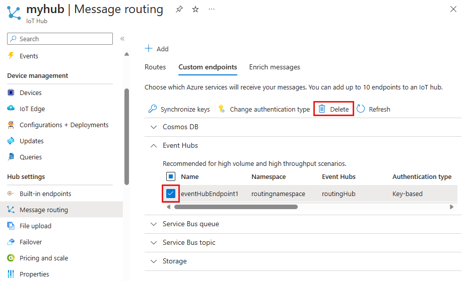 Screenshot that shows where and how to delete an existing Event Hubs endpoint.