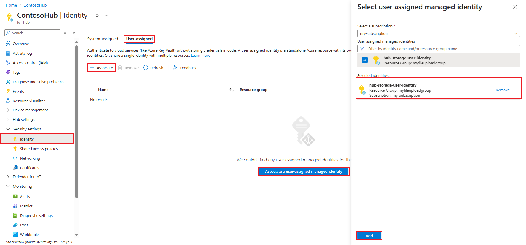 Screenshot showing how to add a user-assigned managed identity for an IoT hub.
