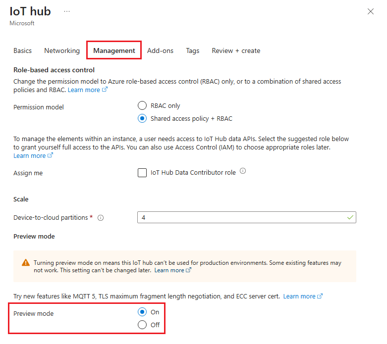 Image showing where to select the preview mode option when creating a new IoT hub