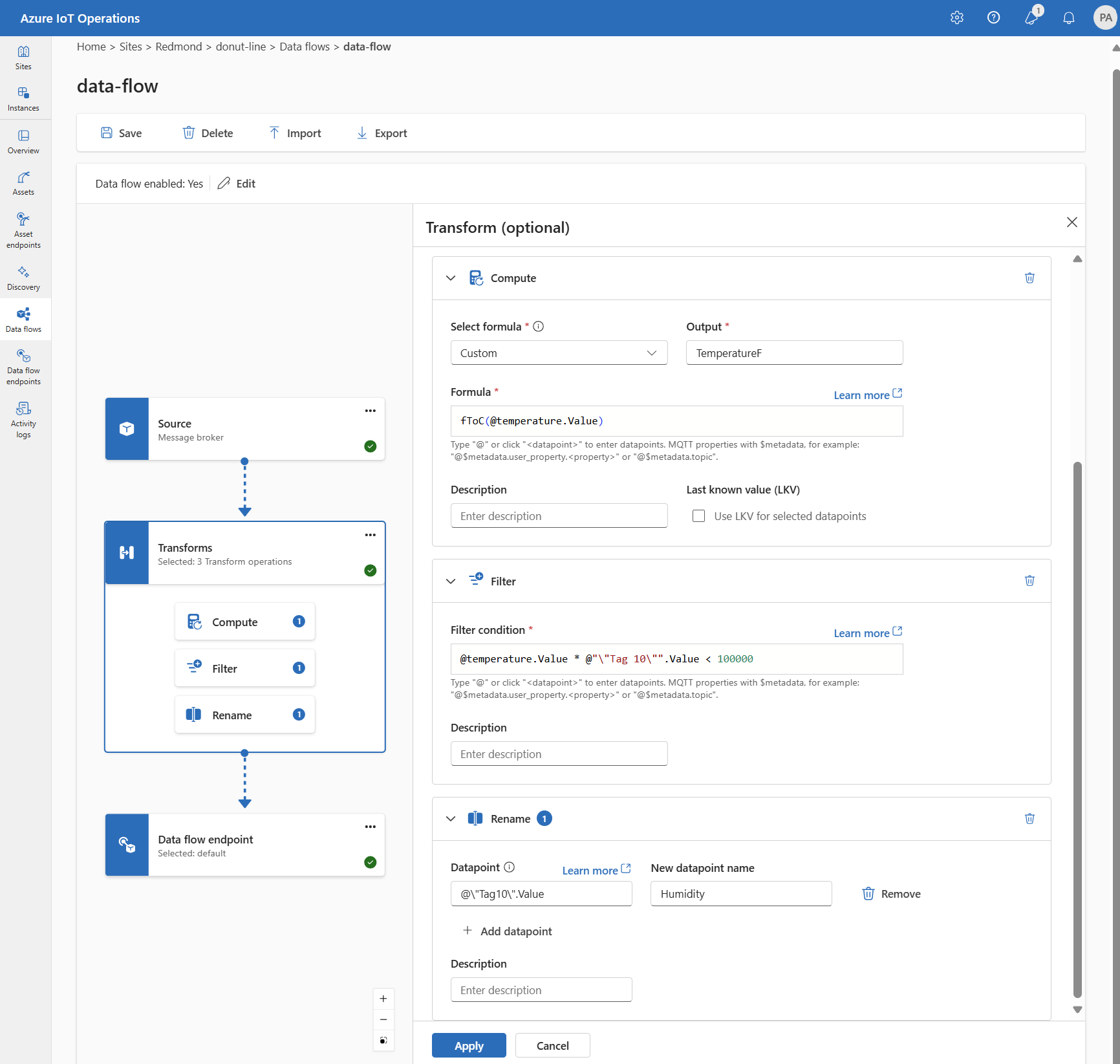 Screenshot showing the operations experience data flow example with a source endpoint, transforms, and a destination endpoint.