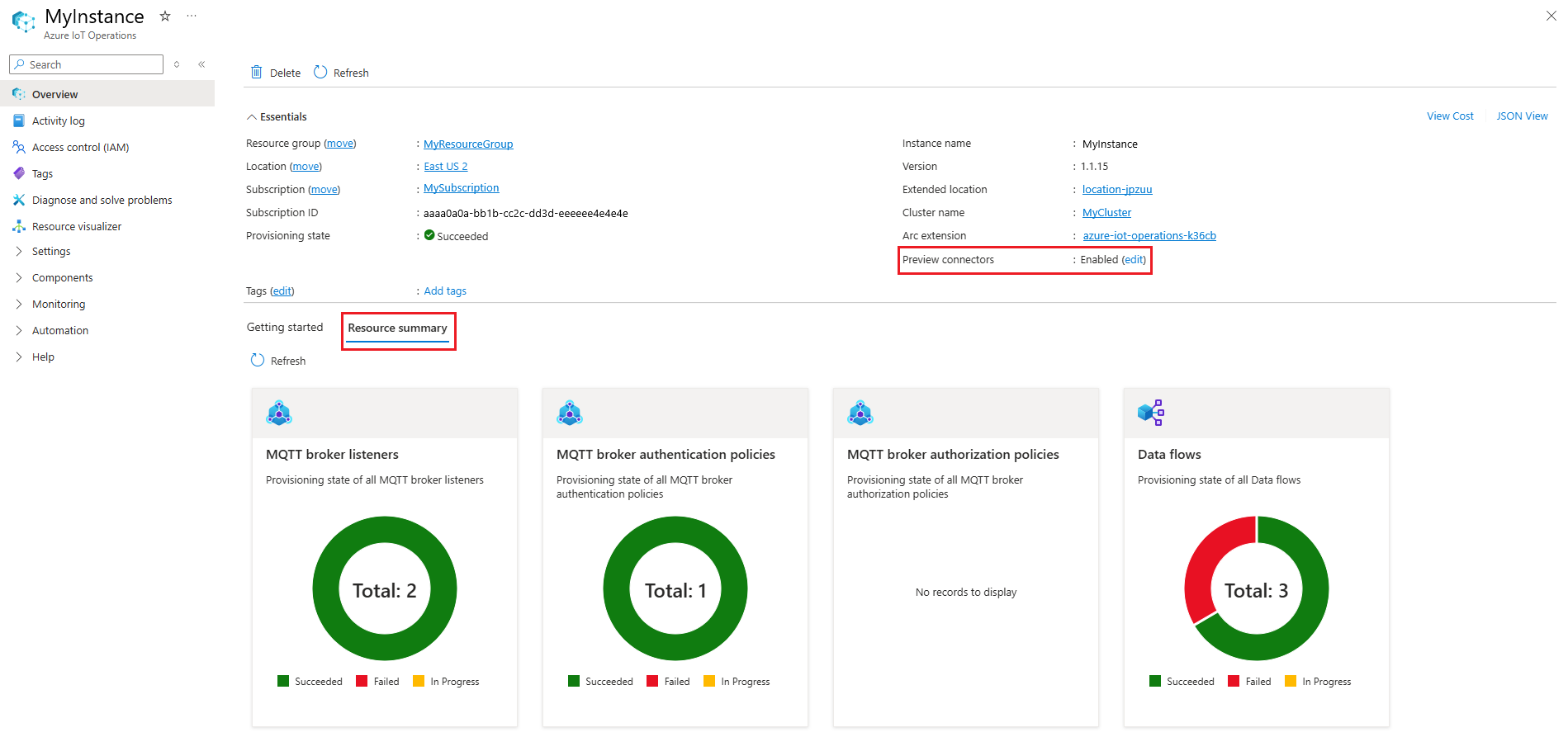 Screenshot that shows the Azure IoT Operations instance on your Arc-enabled cluster and how to enable connectors.