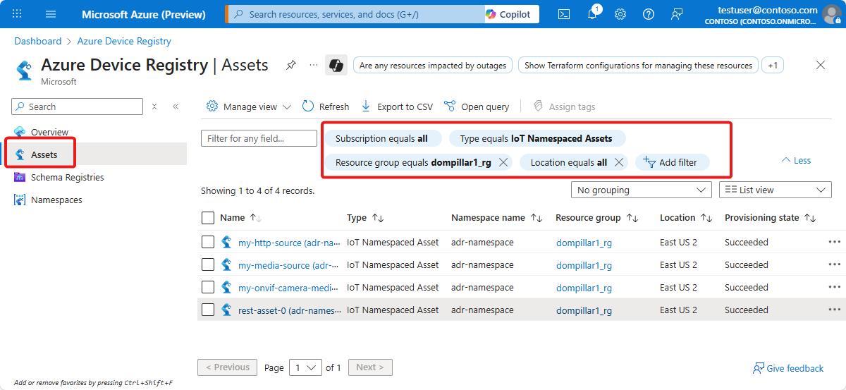 Screenshot of Azure Device Registry assets page in the Azure portal.