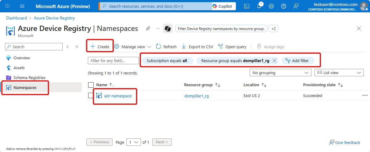 Screenshot of Azure Device Registry namespaces page in the Azure portal.