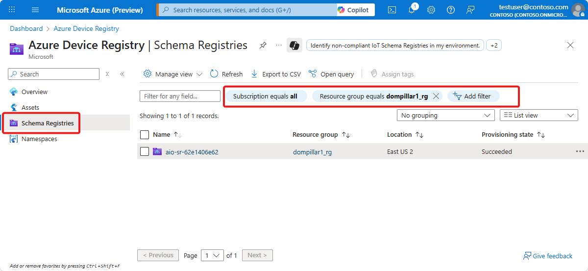 Screenshot of Azure Device Registry schema registries page in the Azure portal.