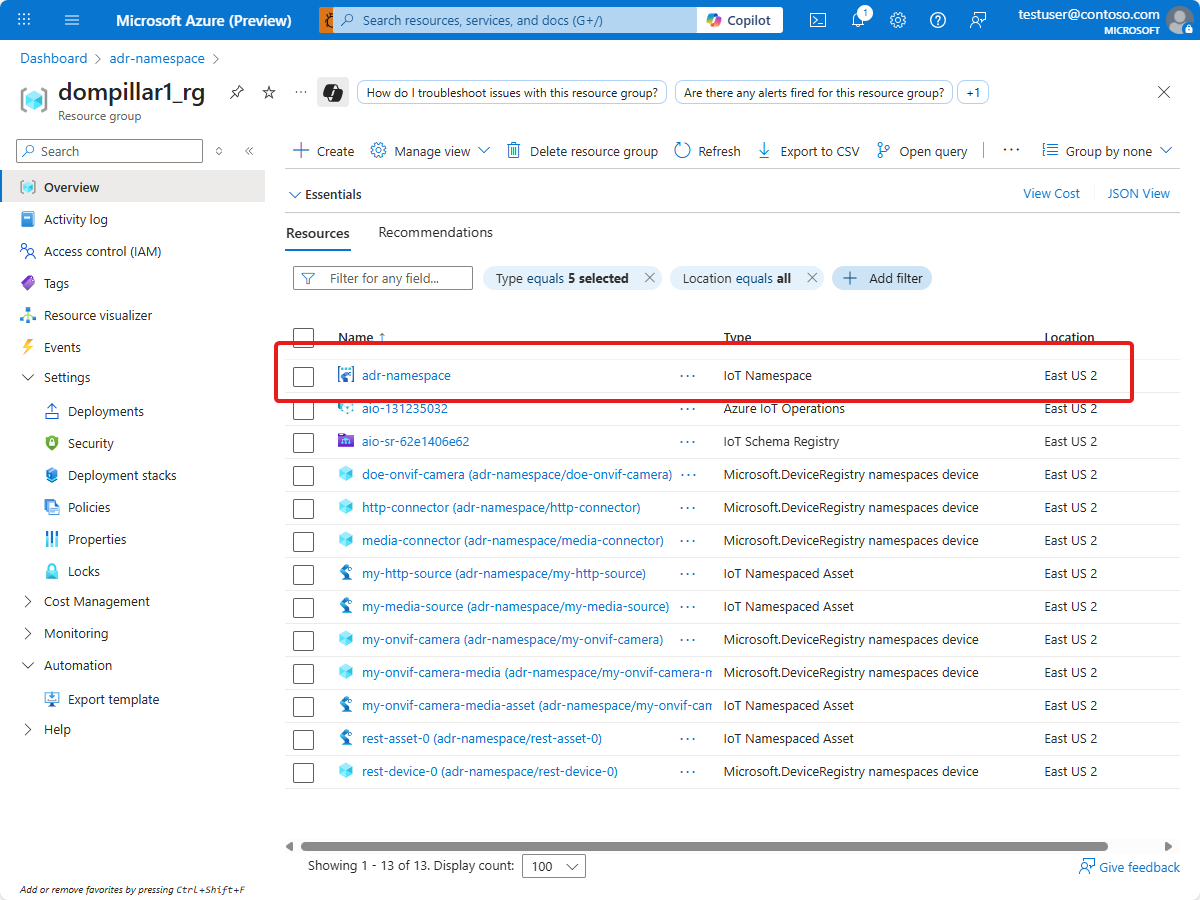 Screenshot of Azure portal showing resources in the resource group.