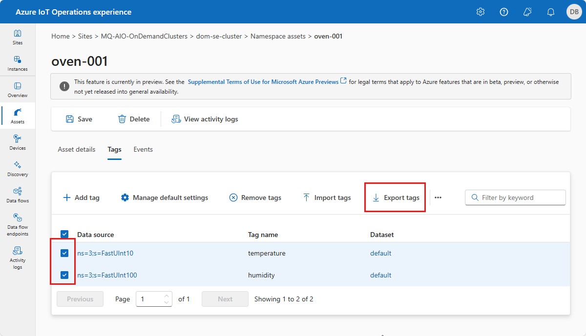 A screenshot that shows how to export tag definitions to a CSV file.