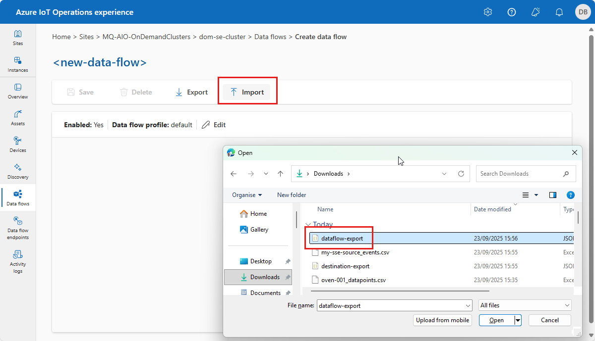 A screenshot that shows how to import a data flow from a JSON file.