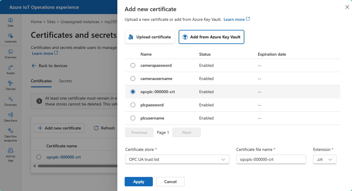 Screenshot that shows the Add from Azure Key Vault option when adding a new certificate to the devices page.