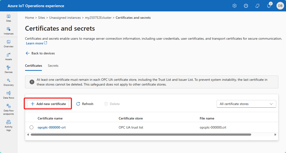 Screenshot that shows the Add new certificate button in the devices page.