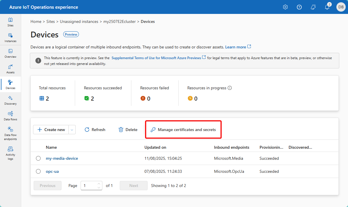 Screenshot that shows the Manage certificates and secrets option in the left navigation pane.