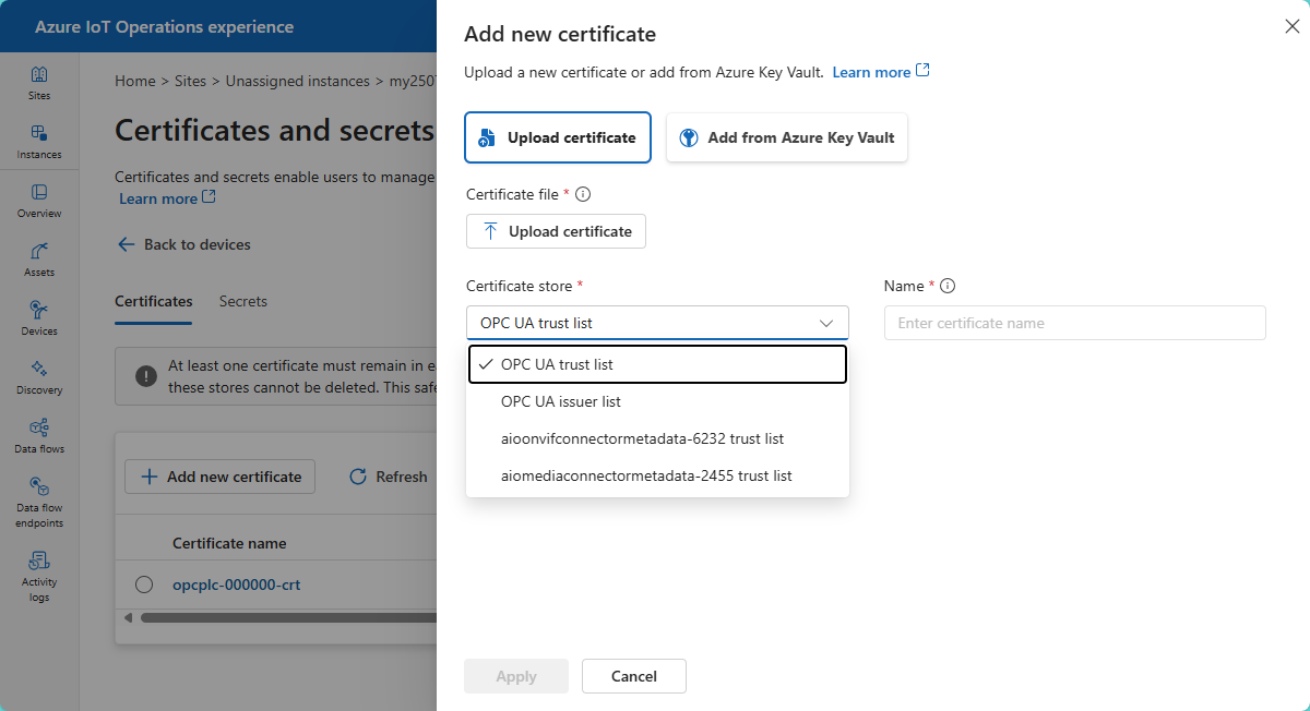Screenshot that shows the Upload certificate option when adding a new certificate to the devices page.