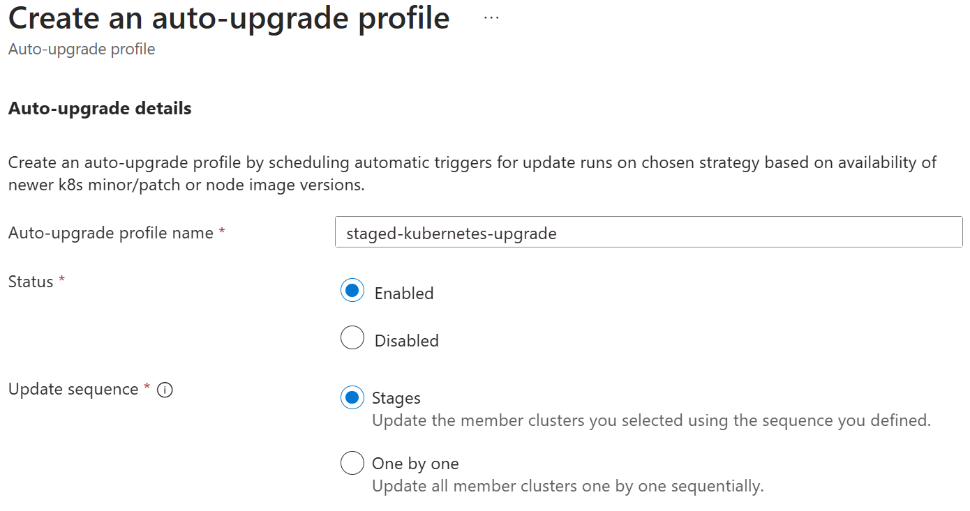 Screenshot of the Azure Kubernetes Fleet Manager Azure portal pane for creating auto-upgrade profile that updates clusters using a strategy.