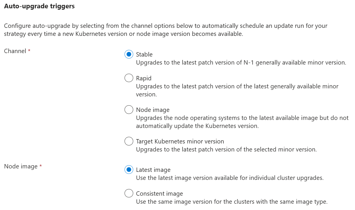 Screenshot of the Azure Kubernetes Fleet Manager Azure portal pane for creating auto-upgrade profile, defining how the update is triggered.