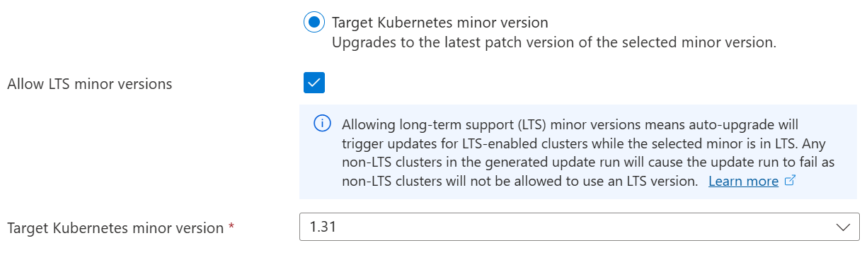 Screenshot of the Azure Kubernetes Fleet Manager Azure portal pane for creating auto-upgrade profile, defining which Kubernetes minor to use as a trigger.