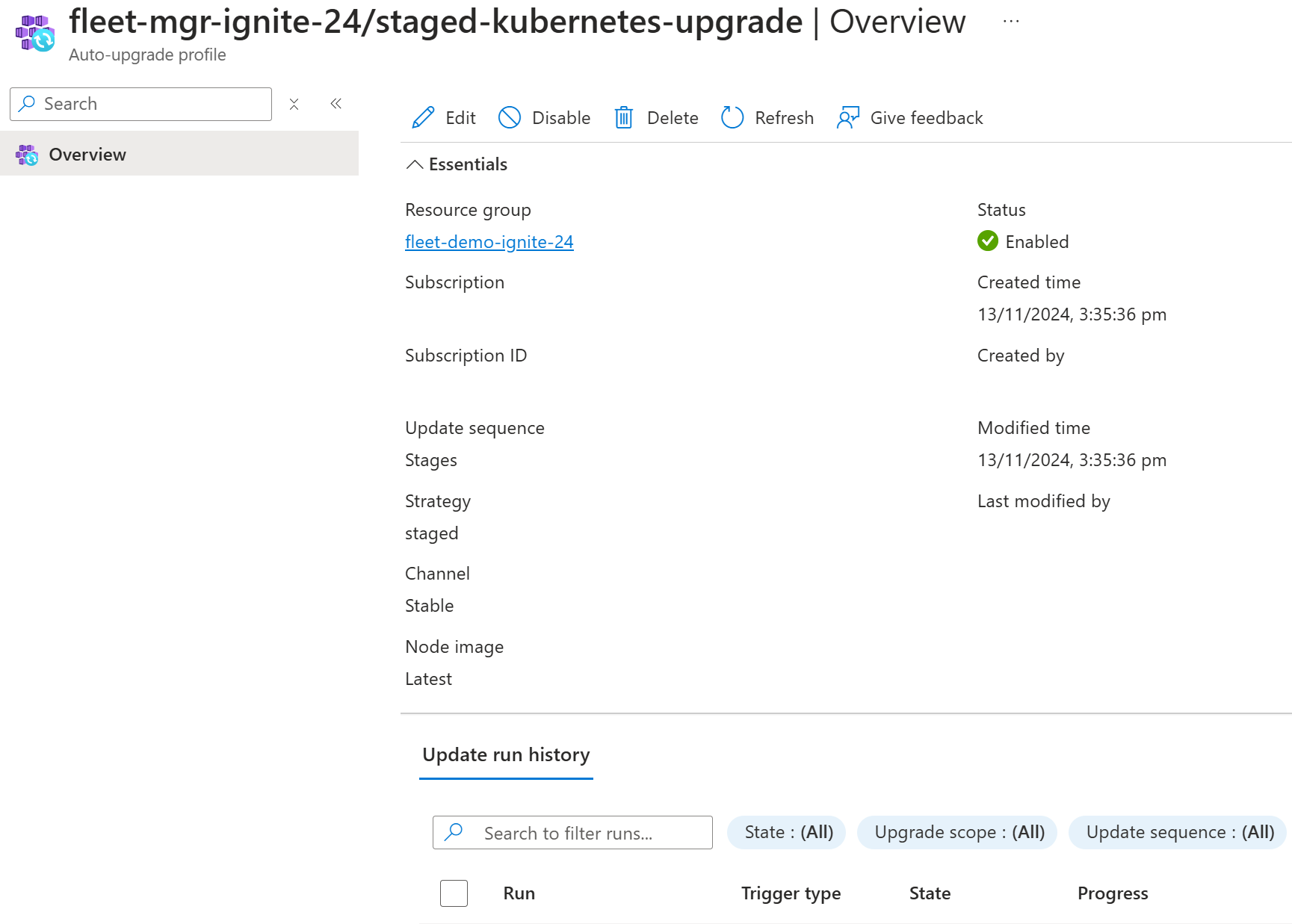 Screenshot of the Azure Kubernetes Fleet Manager Azure portal pane show the configuration of a single auto-upgrade profile.