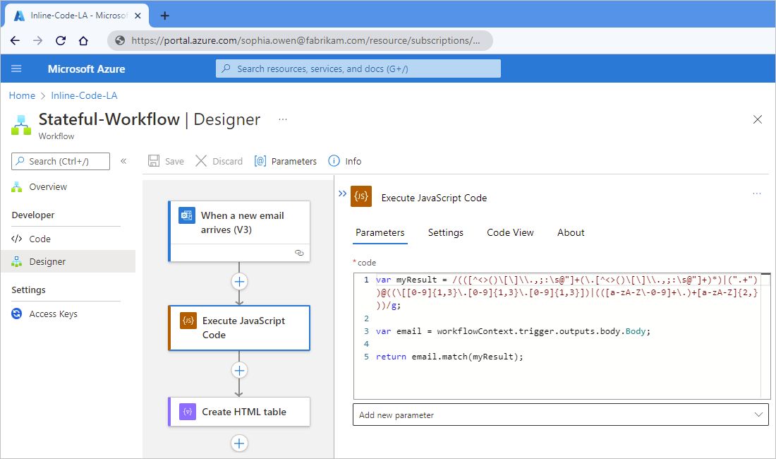 Screenshot showing example Standard workflow with the Execute JavaScript Code action.