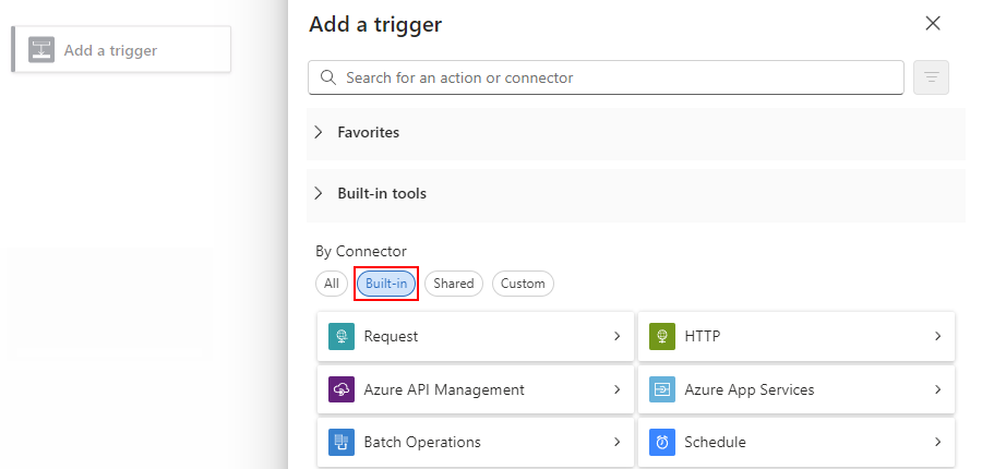 Screenshot shows Consumption blank workflow designer and pane named Add a trigger. In the By Connector section, the Built-in option is selected.