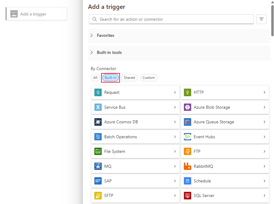 Screenshot shows Standard blank workflow designer and pane named Add a trigger. In the By Connector section, the Built-in option is selected.