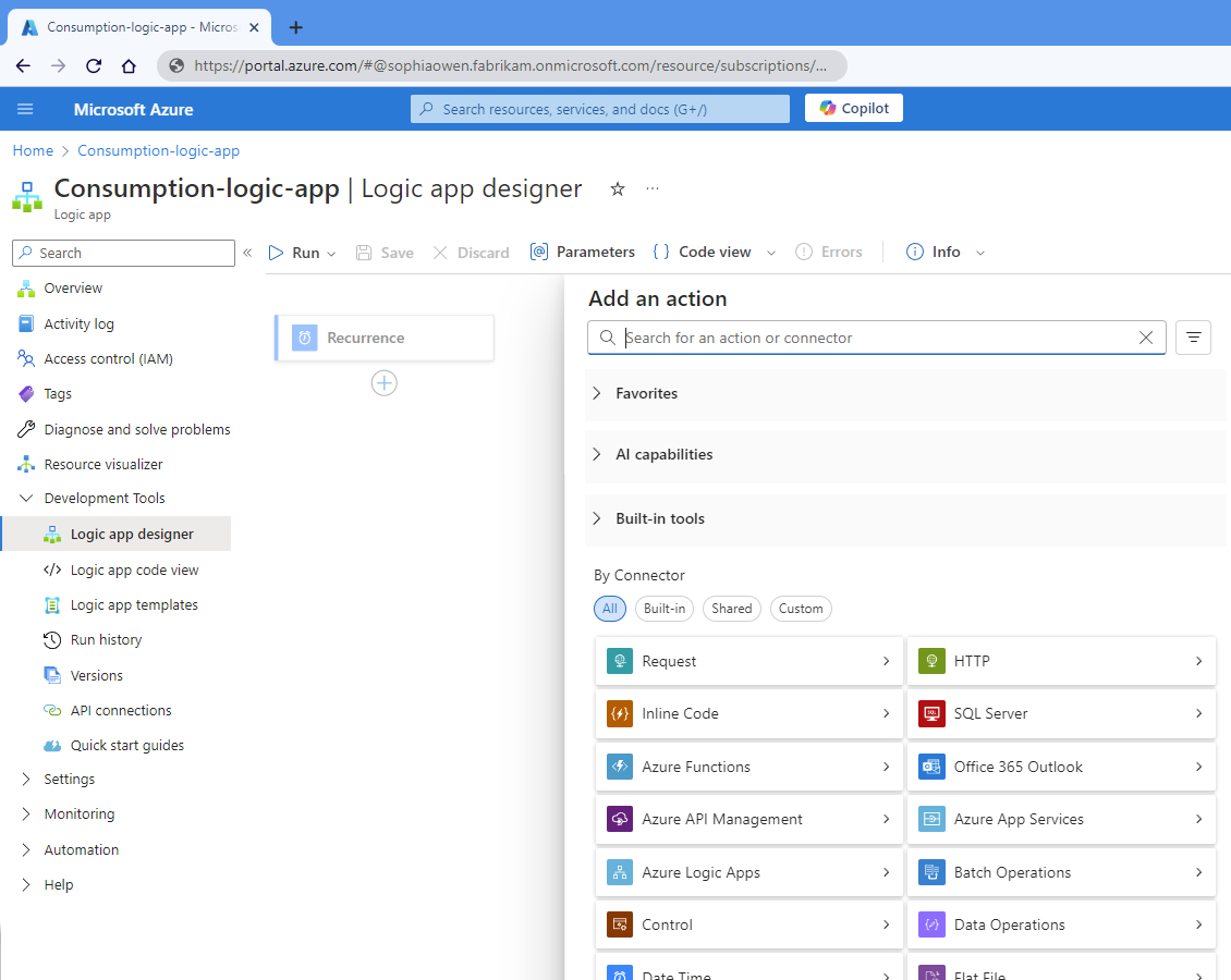 Screenshot shows Azure portal, Consumption workflow designer, and pane named Add an action.