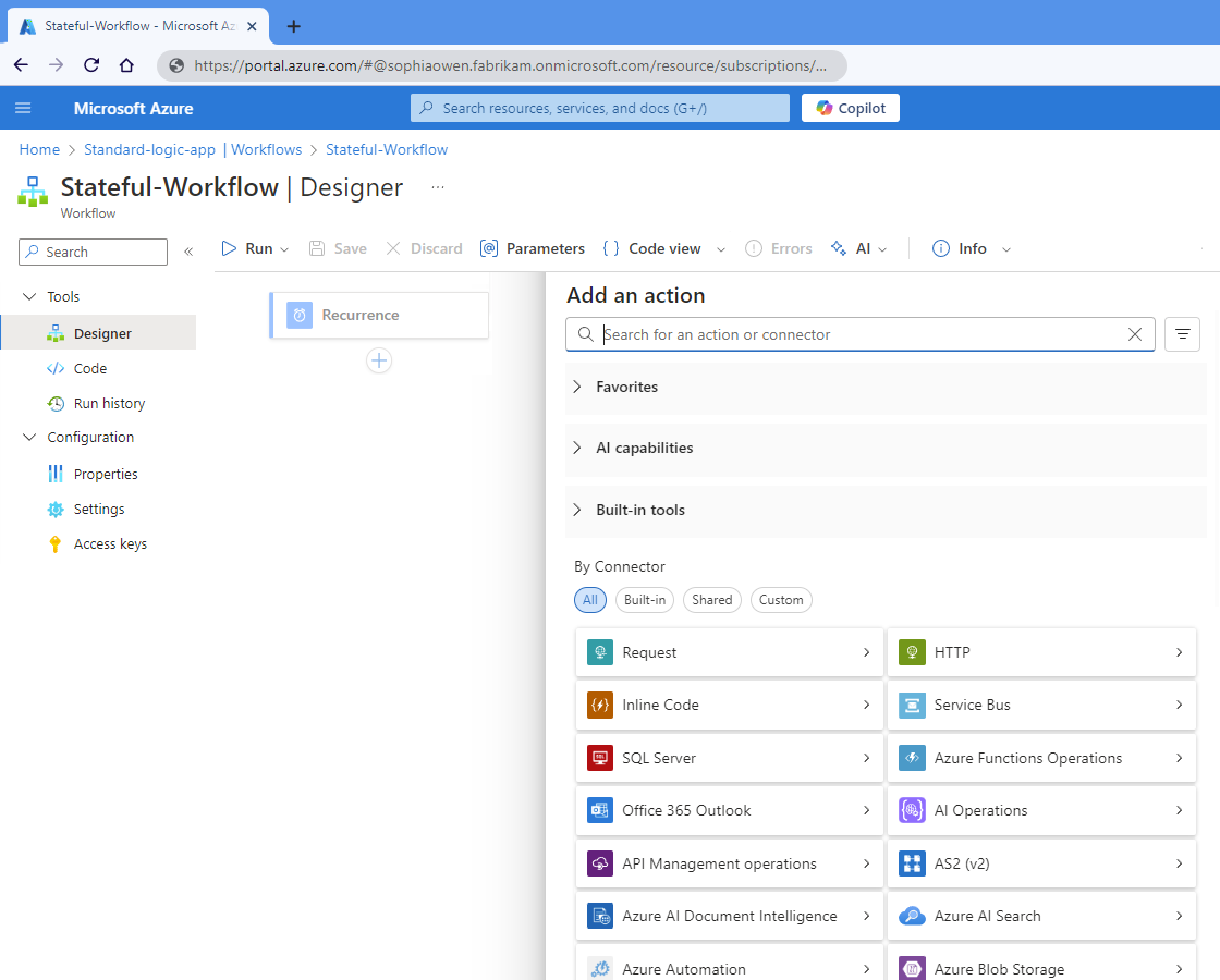 Screenshot shows Standard workflow designer and pane named Add an action.