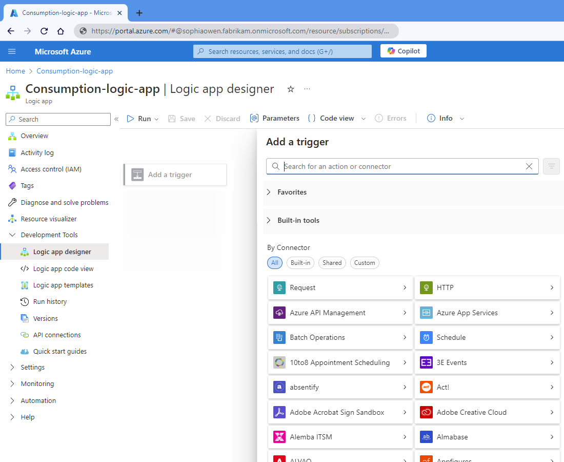 Screenshot shows Azure portal, Consumption workflow designer, and pane named Add a trigger.